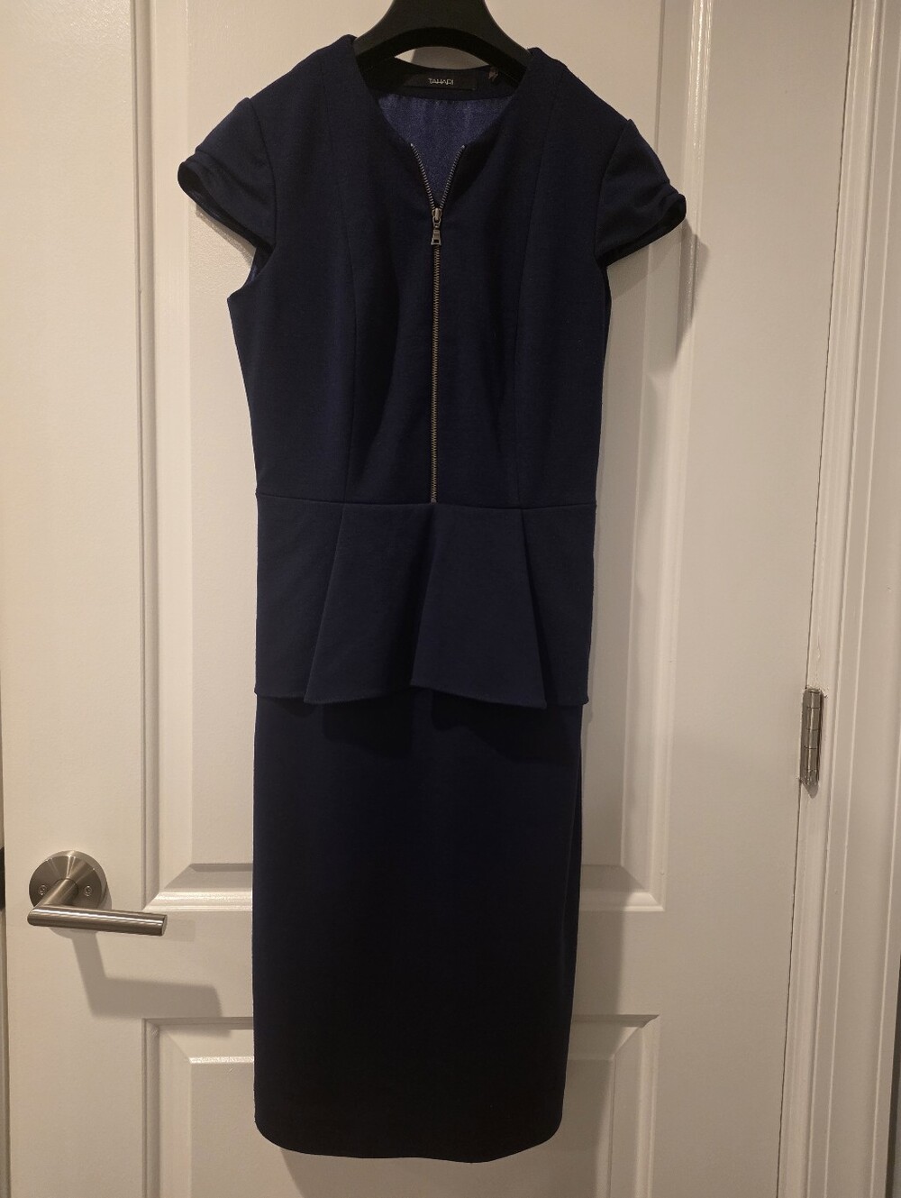 Tahari Navy Zip-Front Peplum Dress